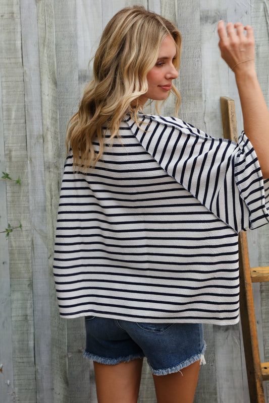 Casual Chic Cotton Navy & Cream Stripe Raglan 3/4 Sleeve Pullover
