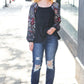 Charming Black Square Neck Border Print Bubble Sleeve Top