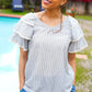 Lovely In Gray Stripe Tiered Ruffle Sleeve Ric Rac Trim Top