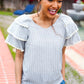 Lovely In Gray Stripe Tiered Ruffle Sleeve Ric Rac Trim Top