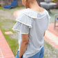 Lovely In Gray Stripe Tiered Ruffle Sleeve Ric Rac Trim Top