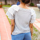 Lovely In Gray Stripe Tiered Ruffle Sleeve Ric Rac Trim Top