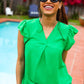 Sunny Days Kelly Green Banded V Neck Flutter Sleeve Top