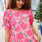 Vacay Vibes Floral Back Keyhole Short Smocked Banded Sleeve Top