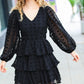 Holiday Vixen Black Chiffon Swiss Dot V Neck Tiered Ruffle Dress