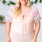 Peach & Floral Tie Neck Bubble Sleeve Top