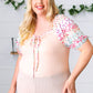 Peach & Floral Tie Neck Bubble Sleeve Top