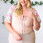 Peach & Floral Tie Neck Bubble Sleeve Top