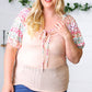 Peach & Floral Tie Neck Bubble Sleeve Top