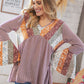 Burgundy Floral Stripe Two Tone Bell Sleeve Knit Top