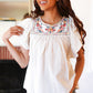 Oatmeal Cotton Stripe Embroidered Yoke Top