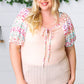 Peach & Floral Tie Neck Bubble Sleeve Top