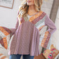 Burgundy Floral Stripe Two Tone Bell Sleeve Knit Top