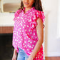 Hot Pink Floral Mock Neck Double Flutter Sleeve Top