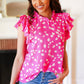 Hot Pink Floral Mock Neck Double Flutter Sleeve Top