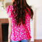 Hot Pink Floral Mock Neck Double Flutter Sleeve Top