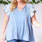 Blue Floral & Stripe V Neck Tie Double Flutter Sleeve Top