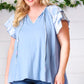 Blue Floral & Stripe V Neck Tie Double Flutter Sleeve Top