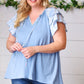 Blue Floral & Stripe V Neck Tie Double Flutter Sleeve Top