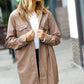 Dark Beige Veagan Leather Snap Button Shirt Jacket