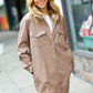 Dark Beige Veagan Leather Snap Button Shirt Jacket