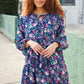 Feeling Joyful Navy Floral Bow Tie Babydoll Long Ruffle Sleeve Dress