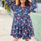 Feeling Joyful Navy Floral Bow Tie Babydoll Long Ruffle Sleeve Dress