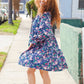 Feeling Joyful Navy Floral Bow Tie Babydoll Long Ruffle Sleeve Dress