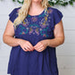 Navy Floral Embroidered Flutter Sleeve Top