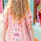 Peach Floral Front Keyhole Elastic Short Sleeve Top