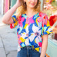 Navy & Yellow Tropical Floral V Neck Top