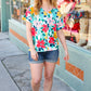 Teal & Coral Flat Floral V Neck Top