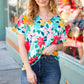 Teal & Coral Flat Floral V Neck Top