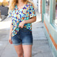 Blue & Orange Flat Floral V Neck Top
