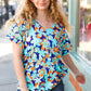 Blue & Orange Flat Floral V Neck Top