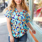 Blue & Orange Flat Floral V Neck Top