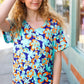 Blue & Orange Flat Floral V Neck Top