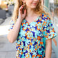 Blue & Orange Flat Floral V Neck Top