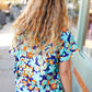 Blue & Orange Flat Floral V Neck Top