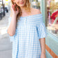 Blue Gingham Smocked Button Off Shoulder Top