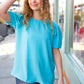 Sky Blue Round Neck Puff Sleeve Crepe Top