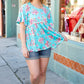 Sky Blue Three-Quarter Sleeve Floral Peplum Babydoll Top