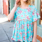 Sky Blue Three-Quarter Sleeve Floral Peplum Babydoll Top