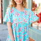 Sky Blue Three-Quarter Sleeve Floral Peplum Babydoll Top