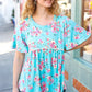 Sky Blue Three-Quarter Sleeve Floral Peplum Babydoll Top