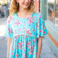 Sky Blue Three-Quarter Sleeve Floral Peplum Babydoll Top
