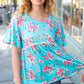 Sky Blue Three-Quarter Sleeve Floral Peplum Babydoll Top