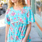 Sky Blue Three-Quarter Sleeve Floral Peplum Babydoll Top