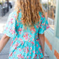 Sky Blue Three-Quarter Sleeve Floral Peplum Babydoll Top