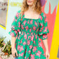 Sumptuous In Smocked Green & Coral Flower Print Babydoll Top